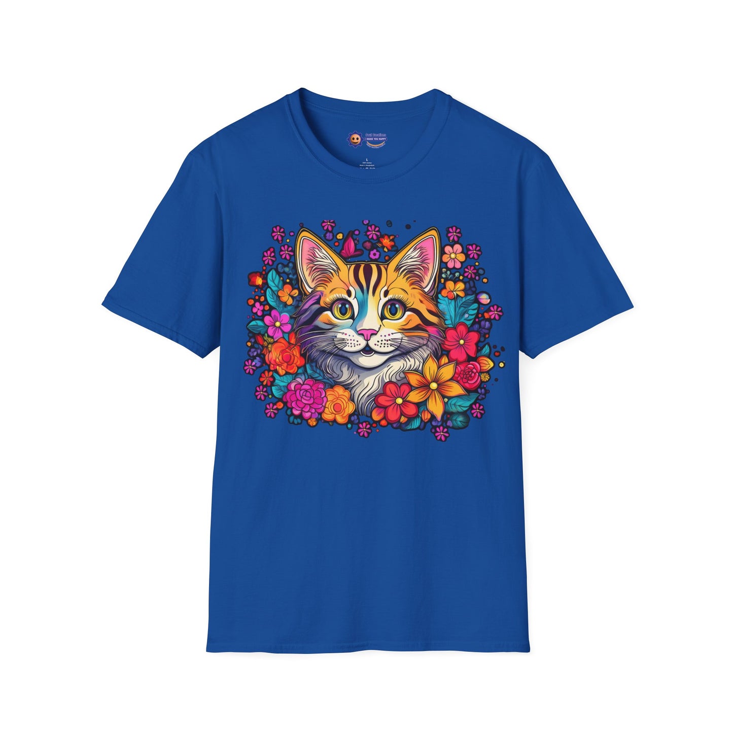 Blue t-shirt with a colorful cat and floral design on a white background