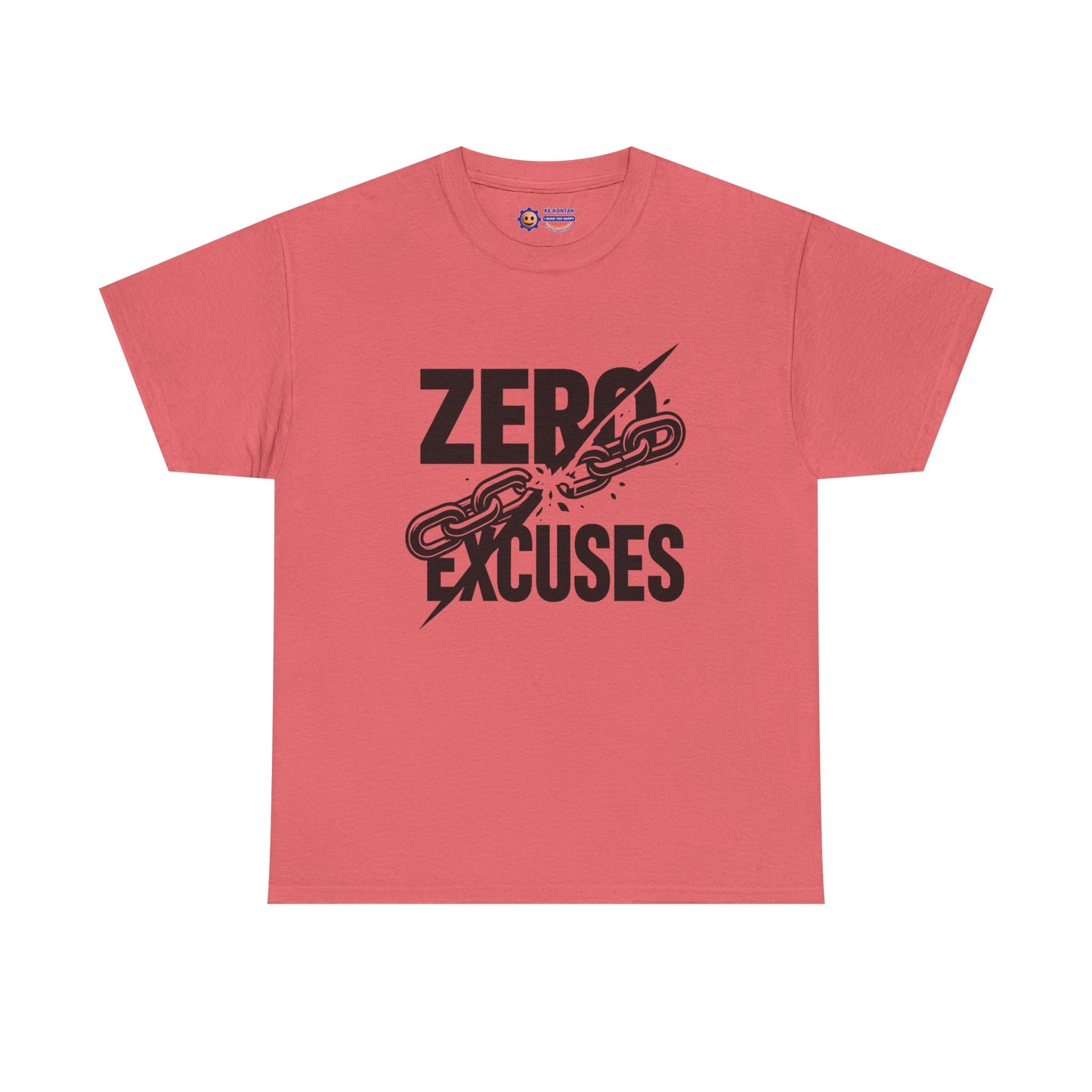 Red t-shirt with 'Zero Excuses' text and chain graphic on a white background