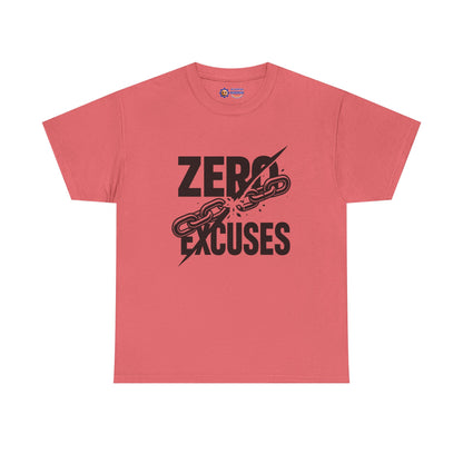 Red t-shirt with 'Zero Excuses' text and chain graphic on a white background