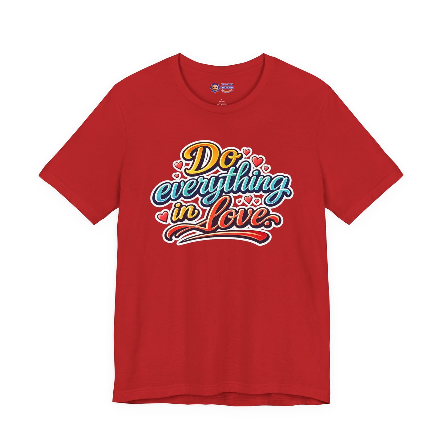Red t-shirt with colorful text design on a white background