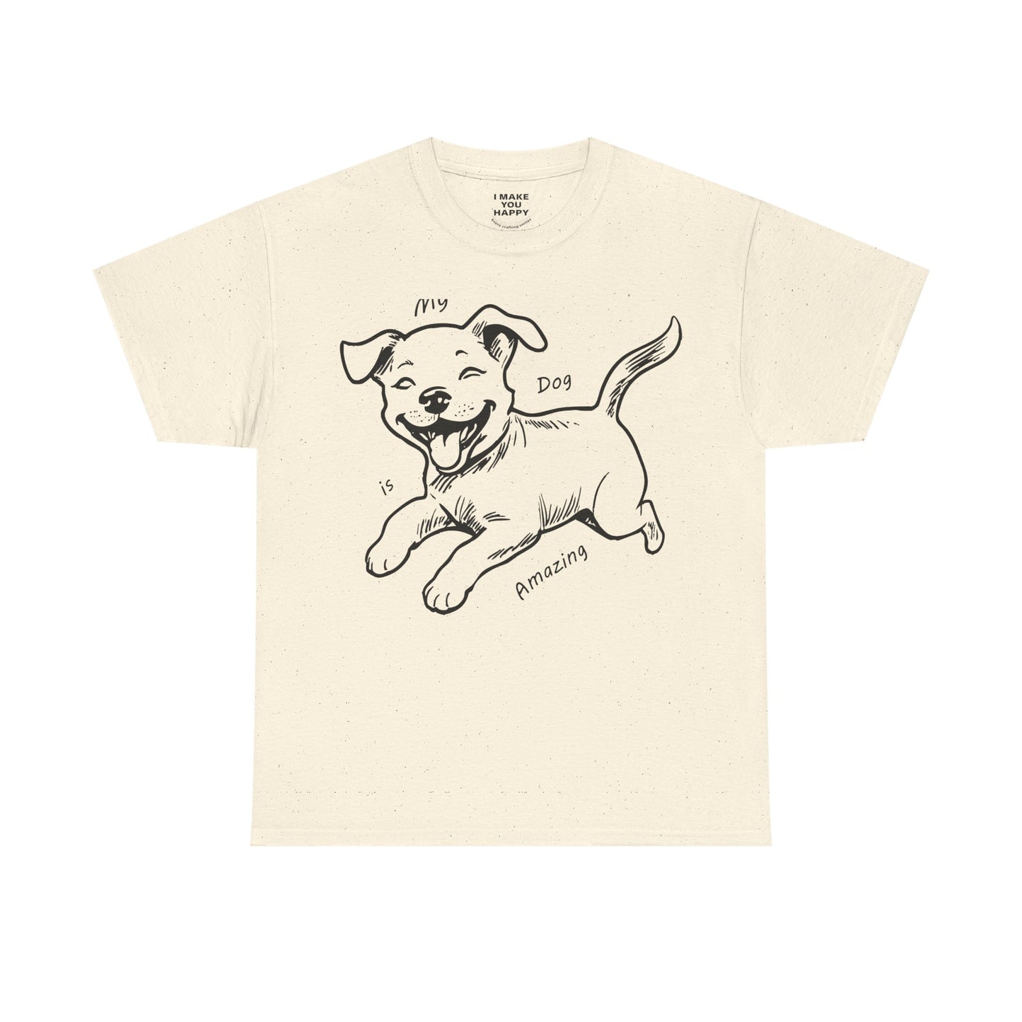 Beige t-shirt with a black dog illustration and text on a white background