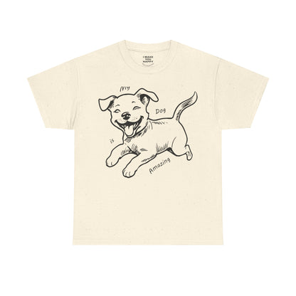 Beige t-shirt with a black dog illustration and text on a white background