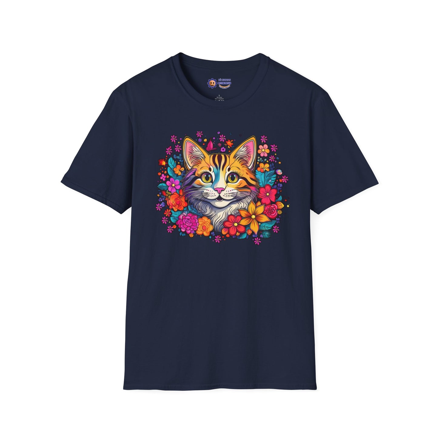 Navy blue "Happy Cat in Flowers design on white unisex softstyle t-shirt"
