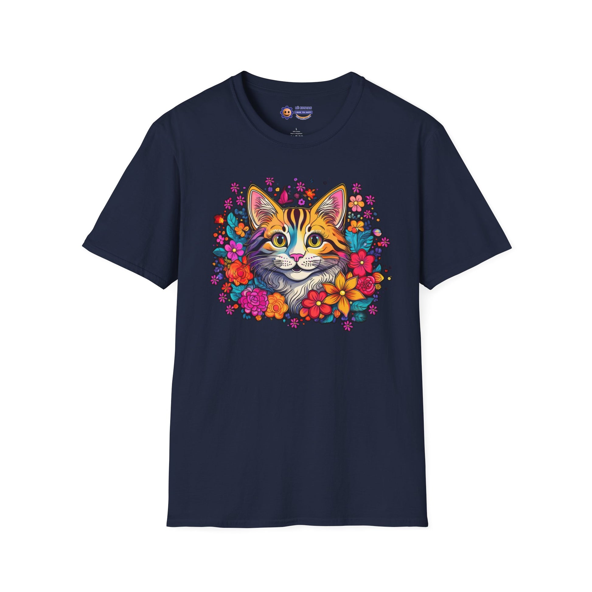 Navy blue "Happy Cat in Flowers design on white unisex softstyle t-shirt"