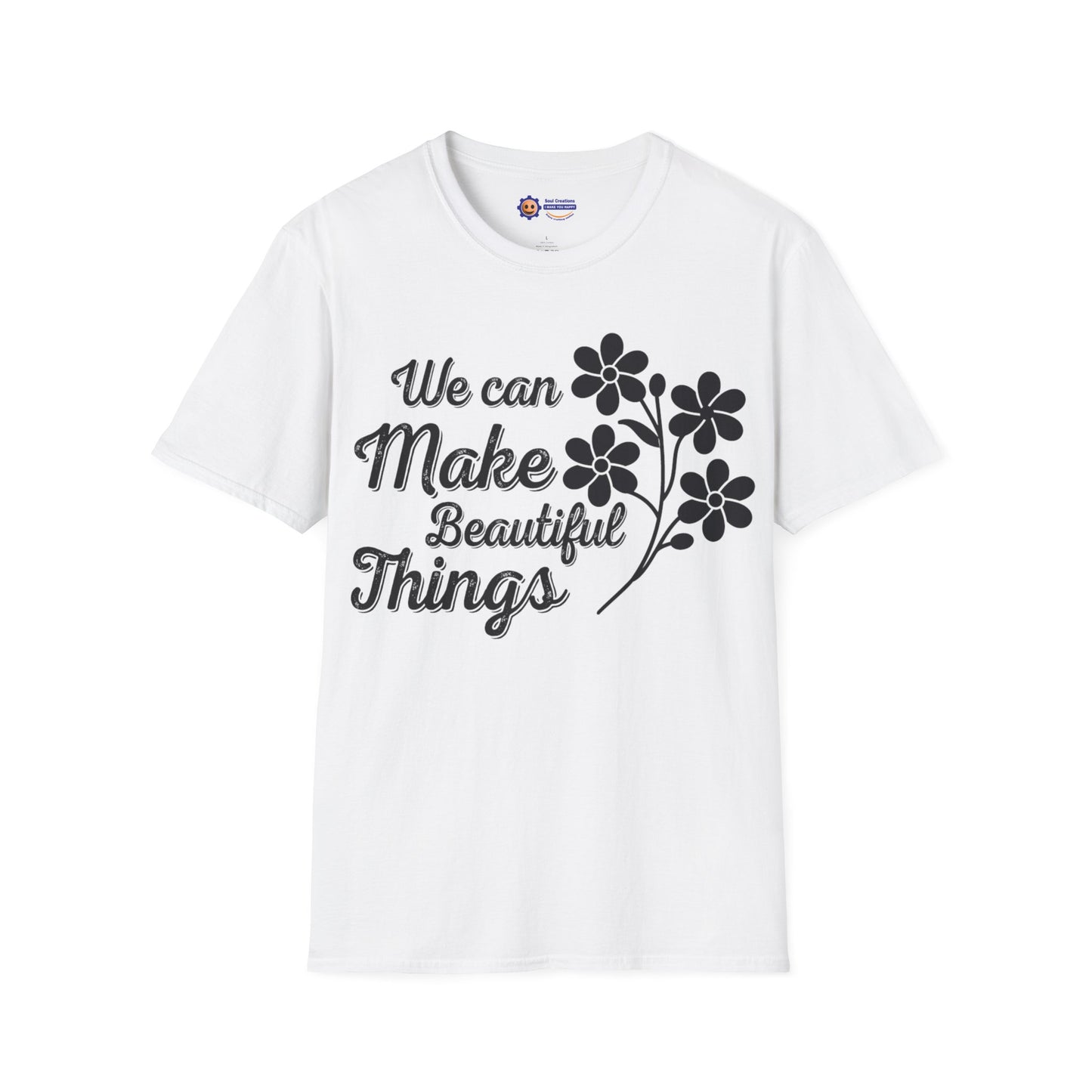White t-shirt with black text and floral design on a white background