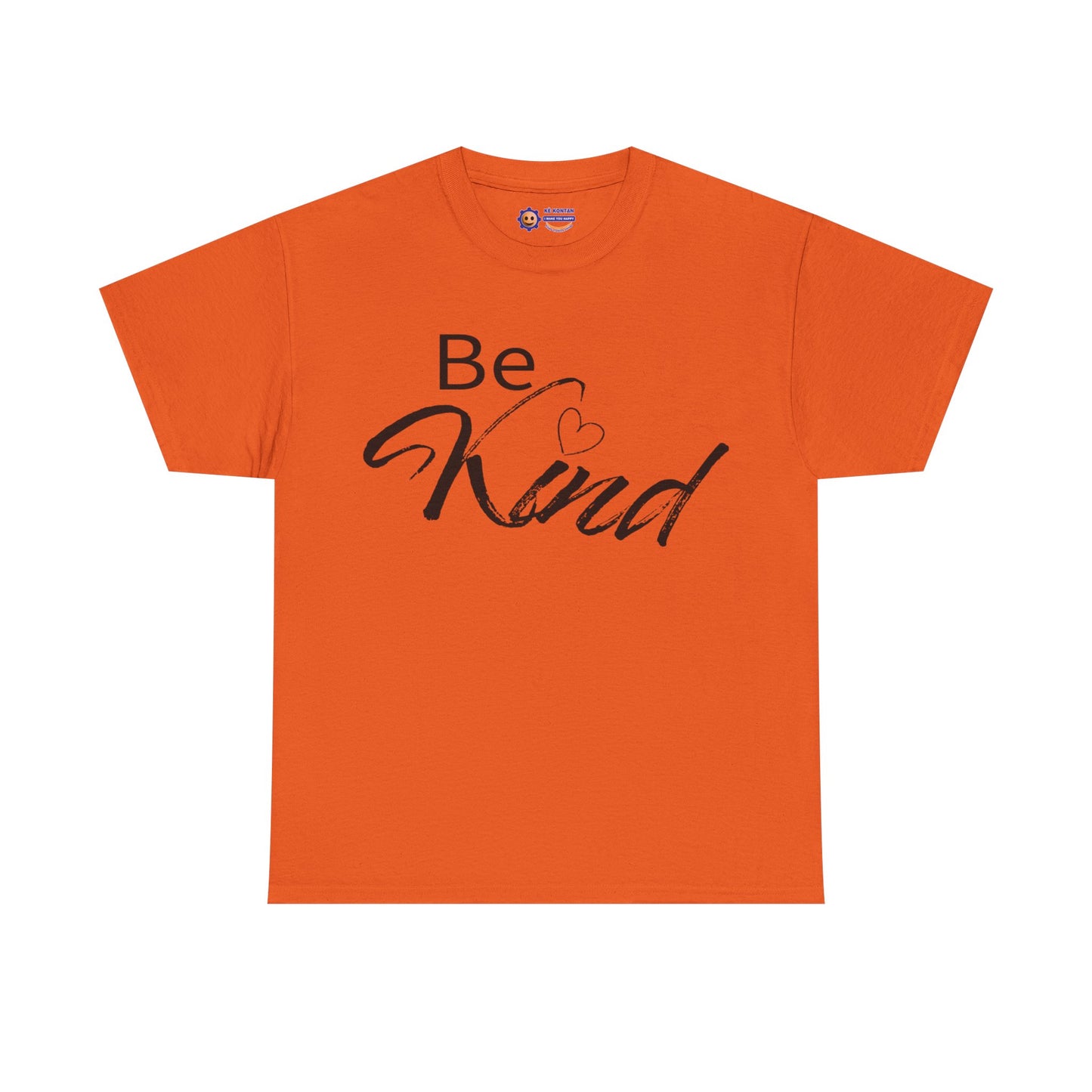 Orange t-shirt with 'Be Kind' text on a white background