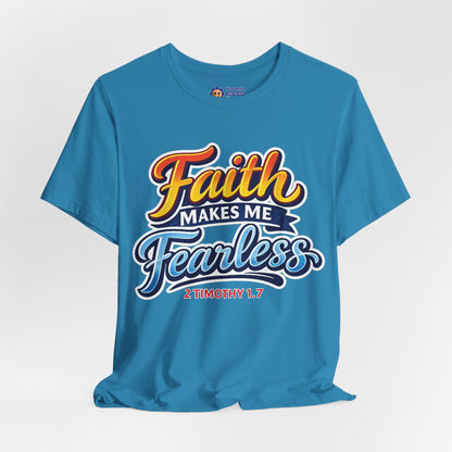 Blue t-shirt with 'Faith Makes Me Fearless' text on a light gray background