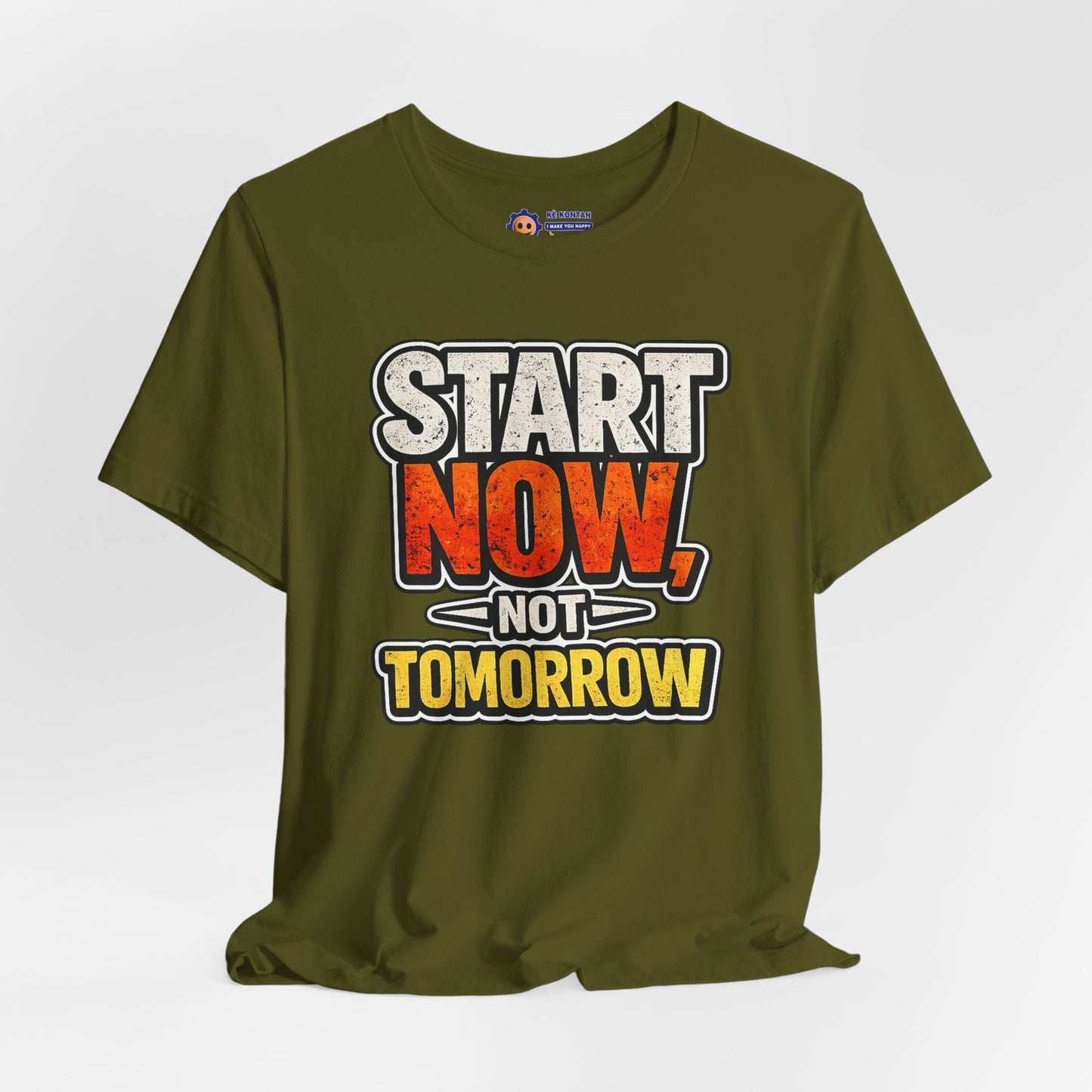 Green t-shirt with motivational text 'Start Now, Not Tomorrow' on a white background