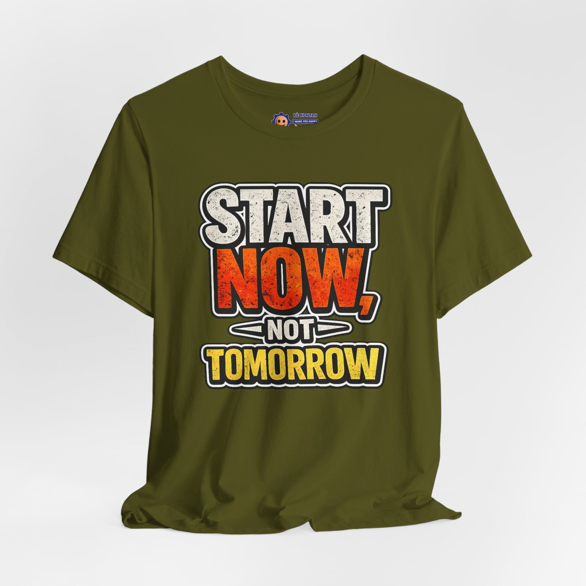 Green t-shirt with motivational text 'Start Now, Not Tomorrow' on a white background