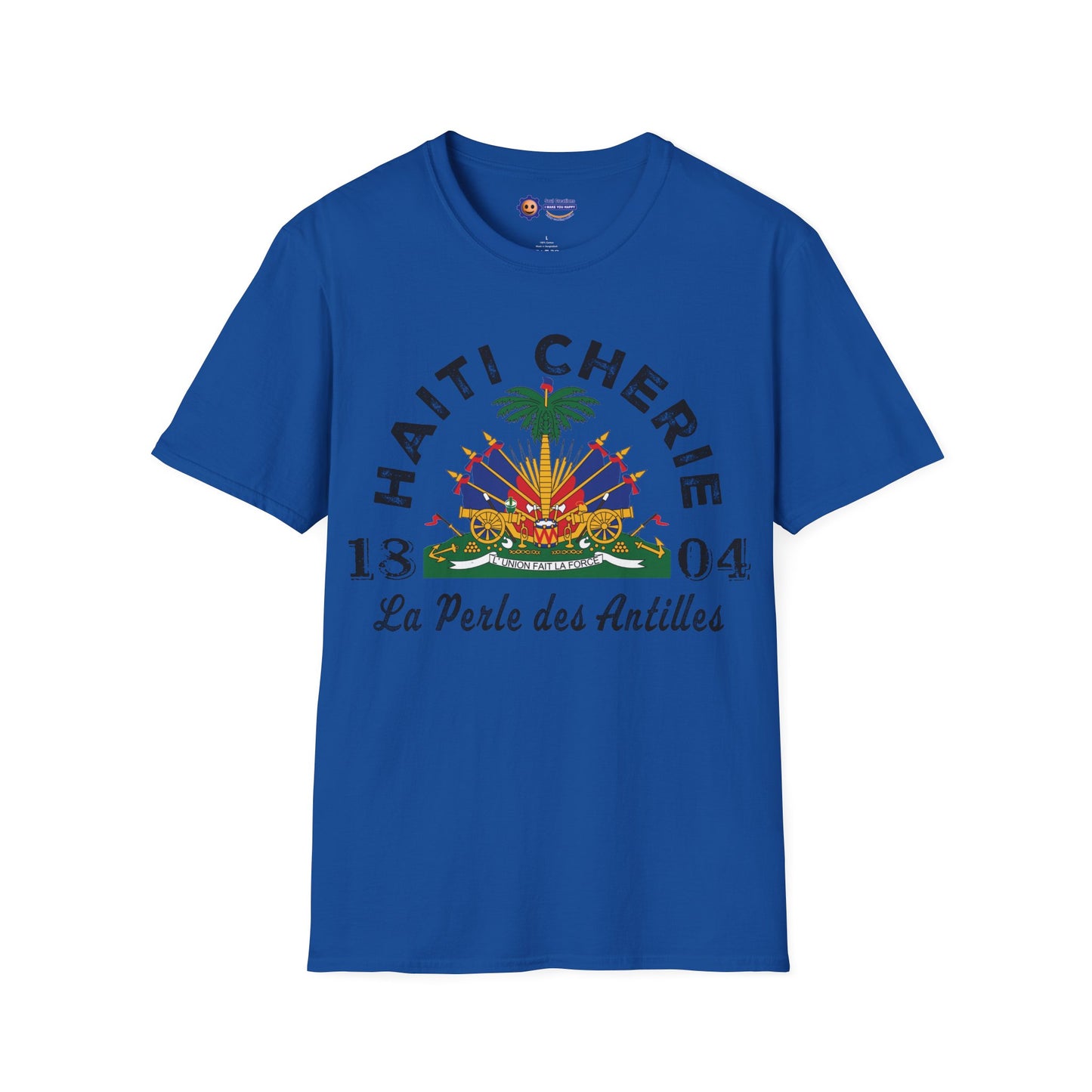Blue t-shirt with 'Haiti Cherie' design on a white background