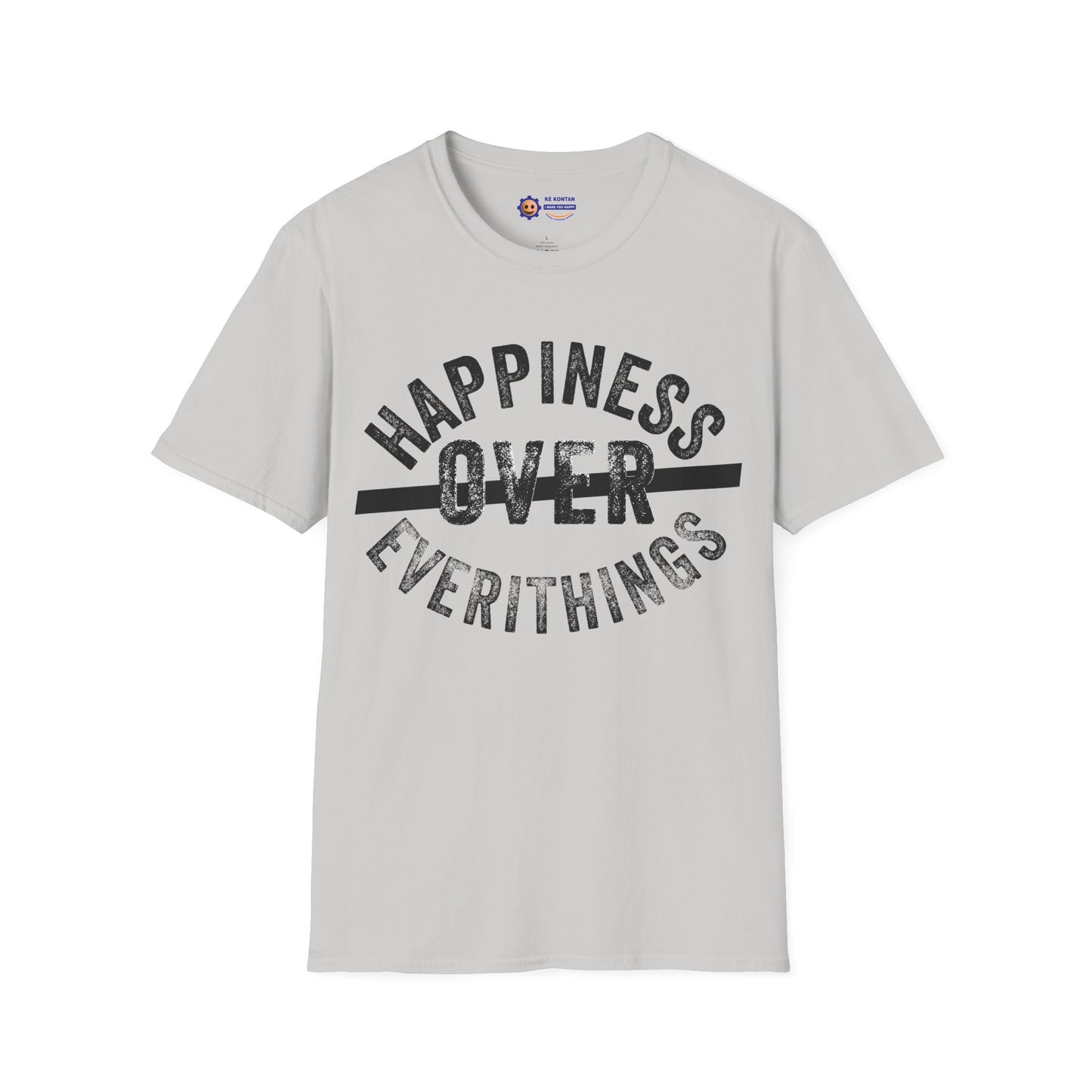 Gray t-shirt with 'Happiness Over Everithings' text on a white background