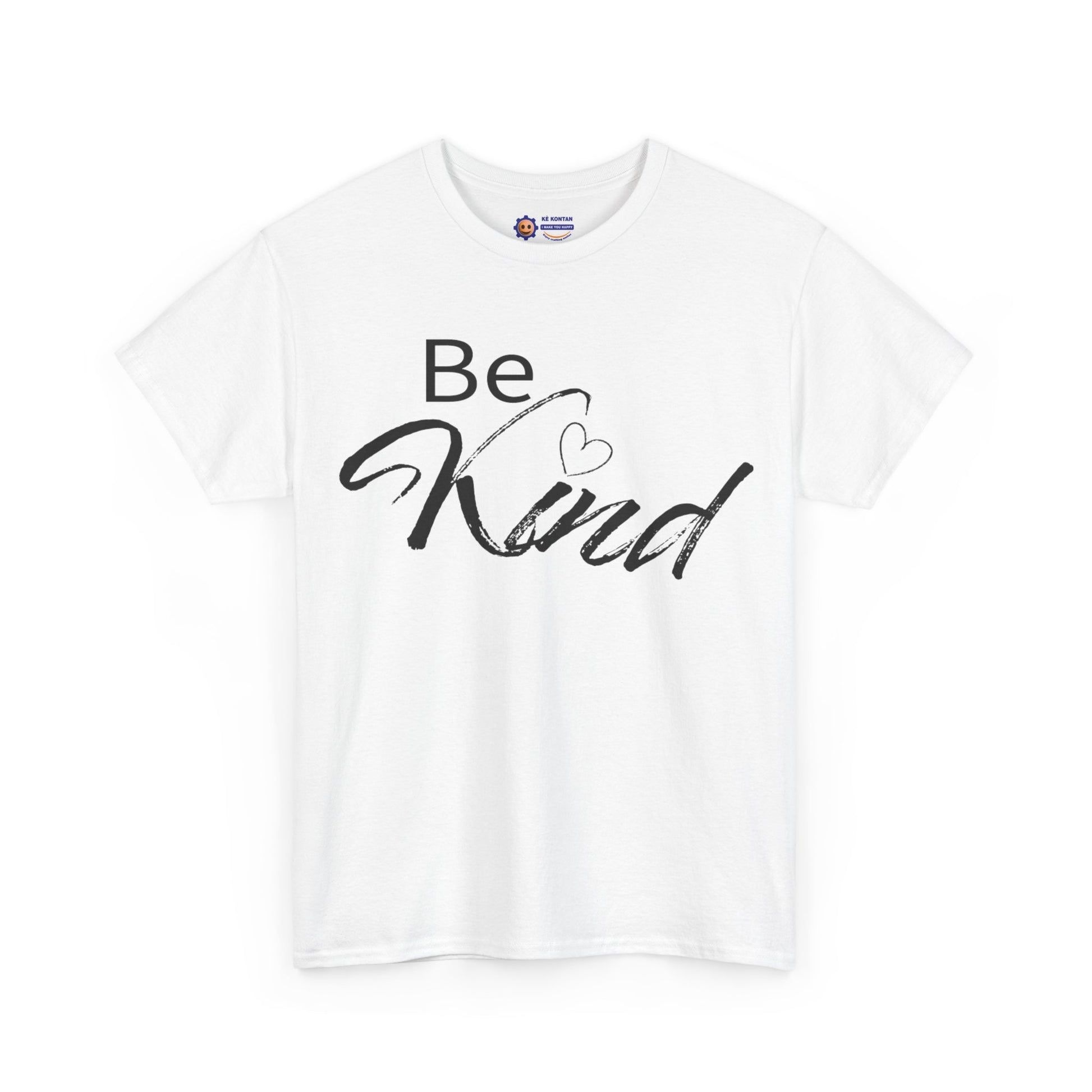 White t-shirt with 'Be Kind' text on a white background