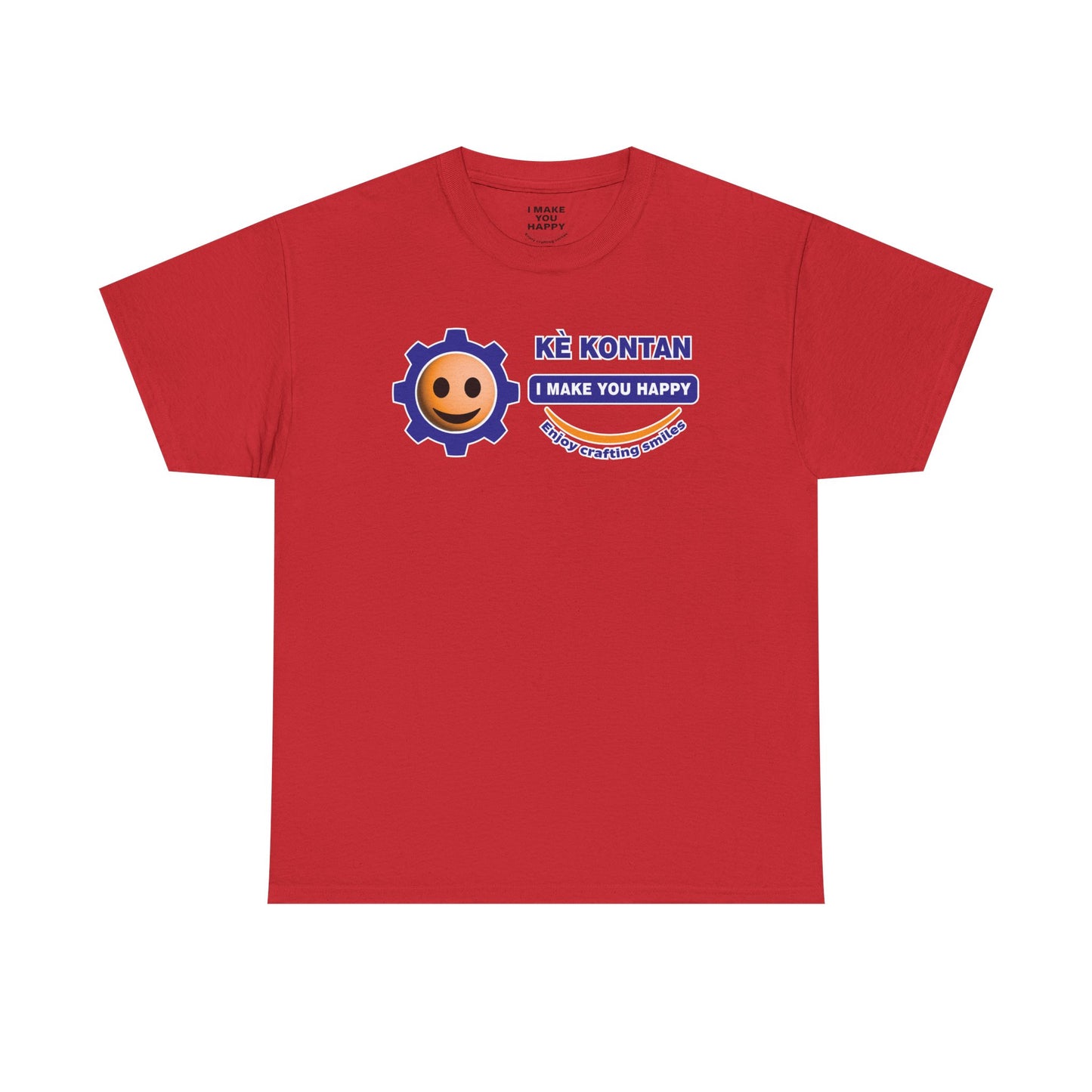 Red t-shirt with a logo and text on a white background