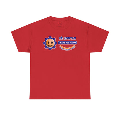 Red t-shirt with a logo and text on a white background