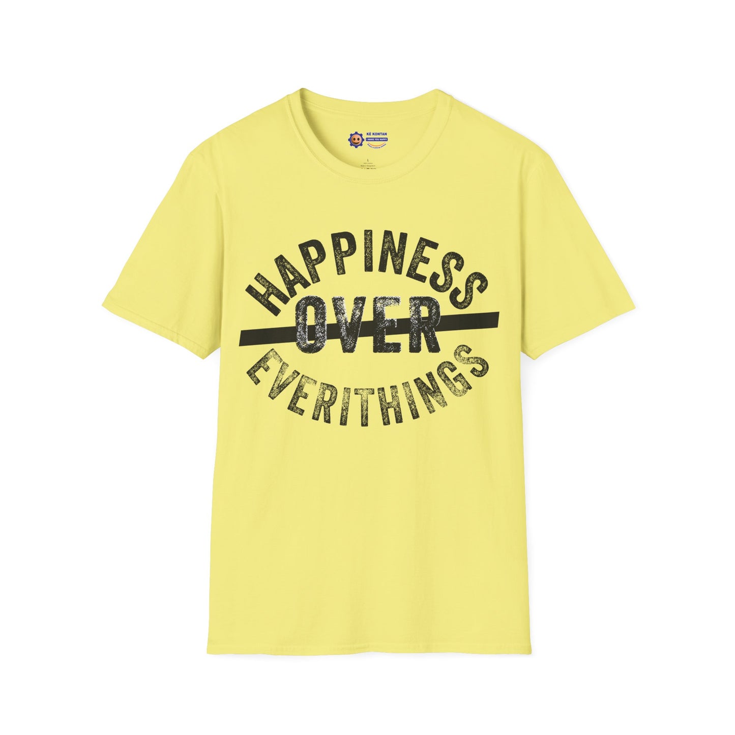 Yellow t-shirt with black text on a white background