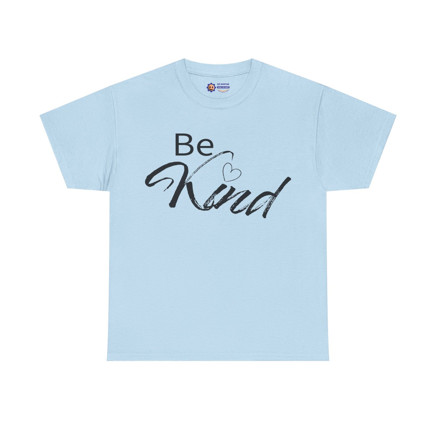 Light blue t-shirt with 'Be Kind' text on a white background