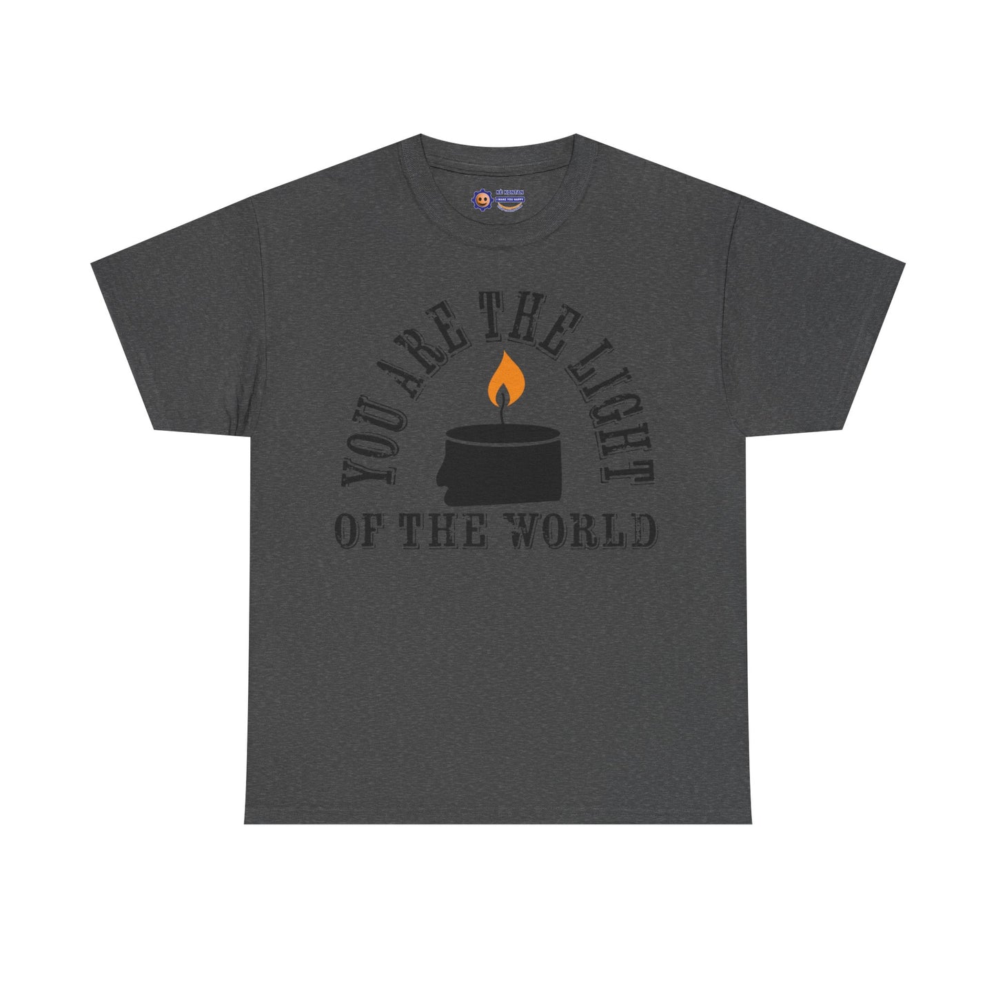 Dark gray t-shirt with a candle graphic and text on a white background