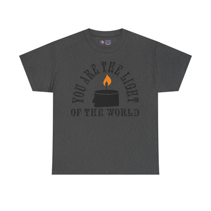 Dark gray t-shirt with a candle graphic and text on a white background