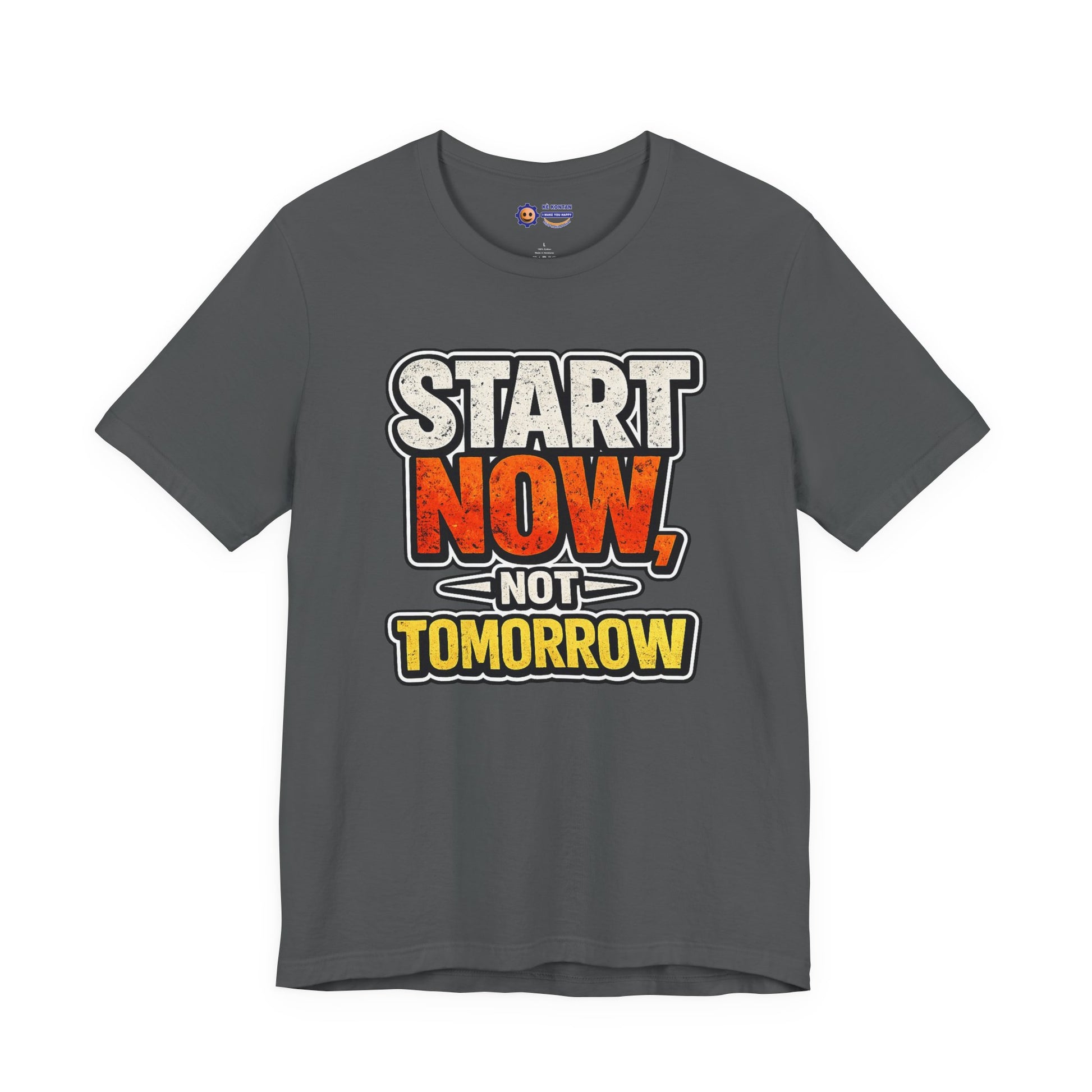 Gray t-shirt with motivational text 'Start Now, Not Tomorrow' on a white background