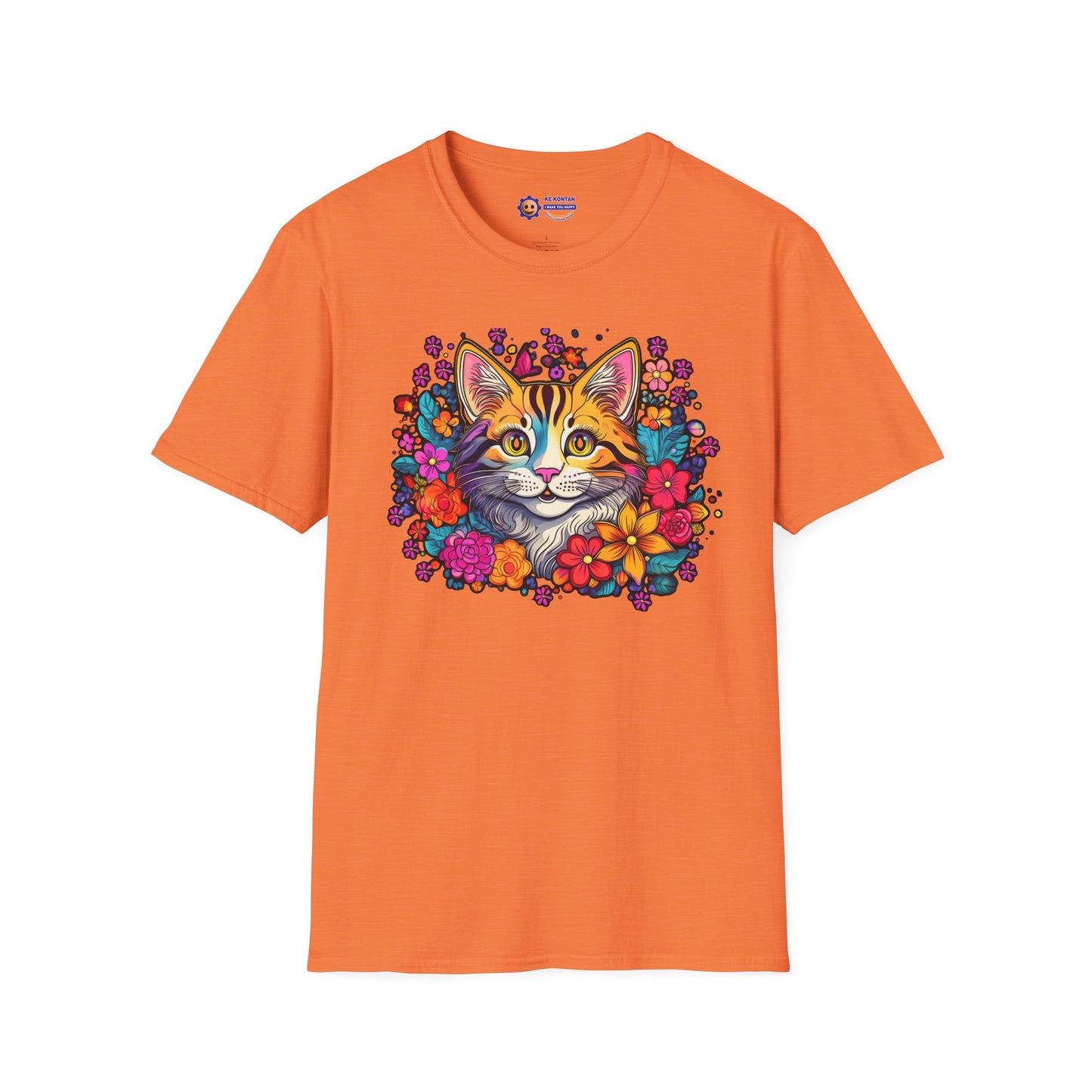 Orange "Happy Cat in Flowers design on white unisex softstyle t-shirt"