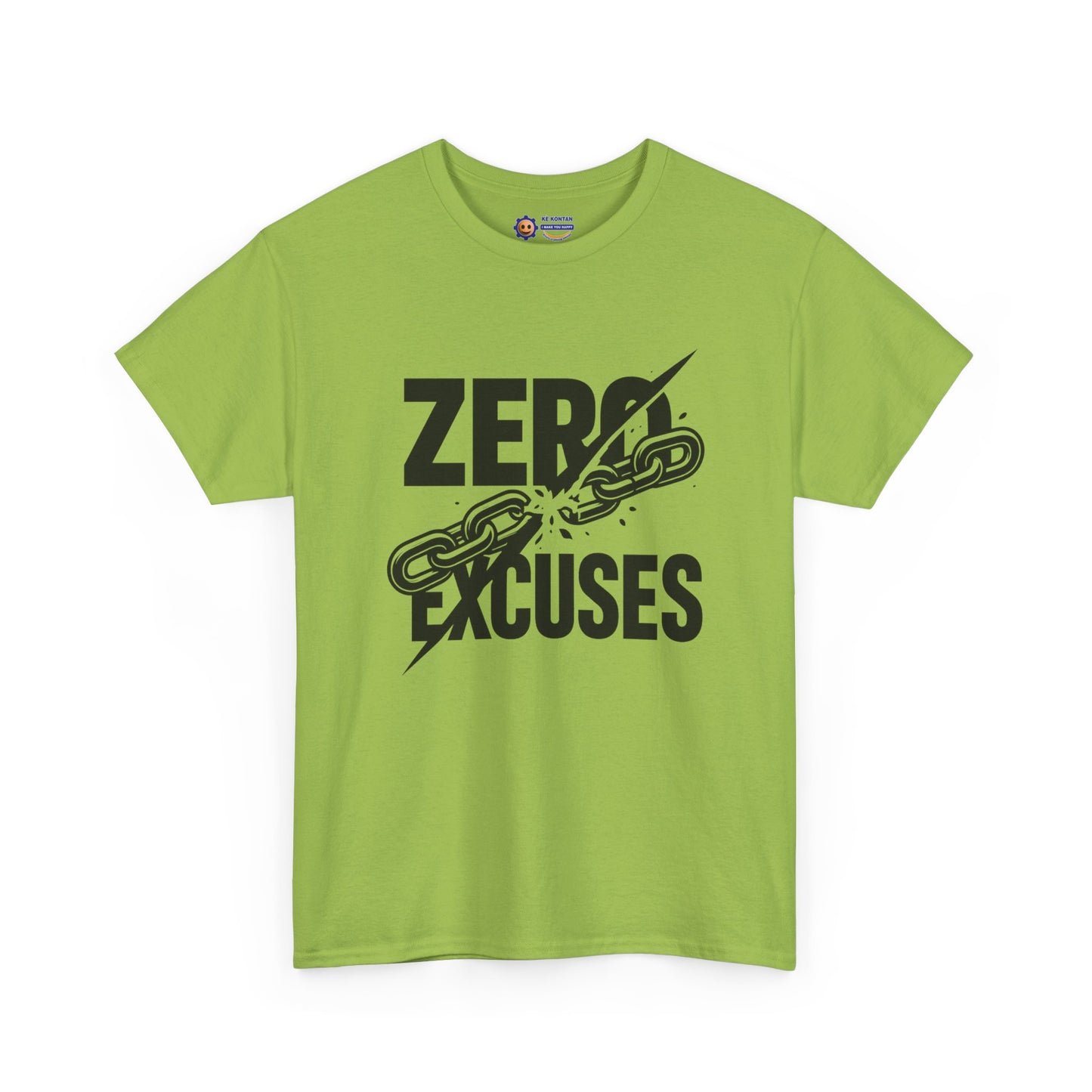 Green t-shirt with 'Zero Excuses' graphic design on a white background