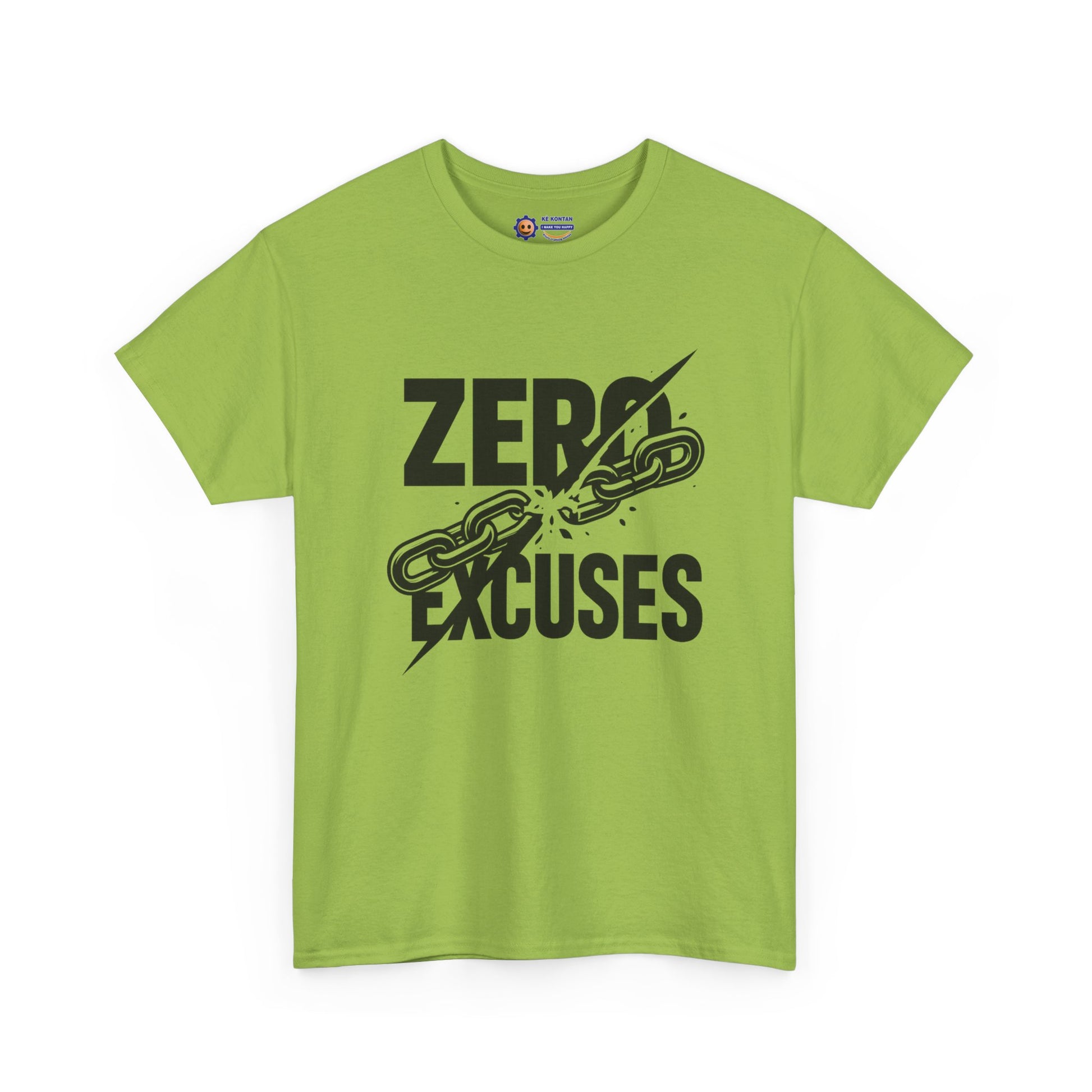 Green t-shirt with 'Zero Excuses' graphic design on a white background