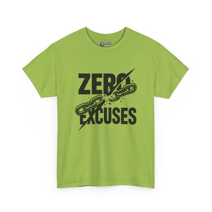 Green t-shirt with 'Zero Excuses' graphic design on a white background