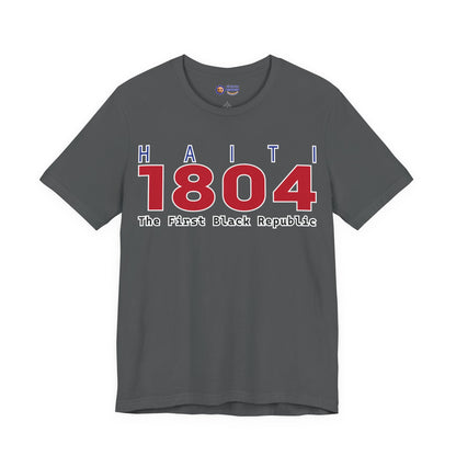 Gray t-shirt with 'Haiti 1804 The First Black Republic' text on a white background
