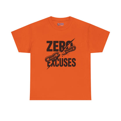Orange t-shirt with 'Zero Excuses' text and chain graphic on a white background