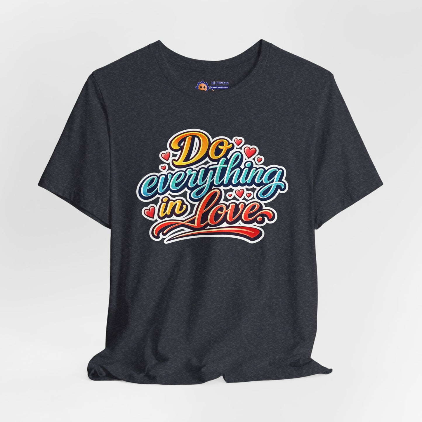 Gray t-shirt with colorful 'Do everything in Love' text design on a light gray background
