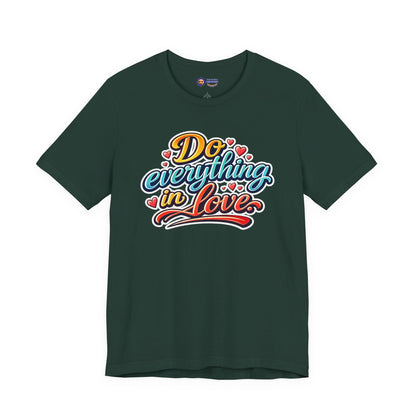 Dark green t-shirt with colorful text design on a white background