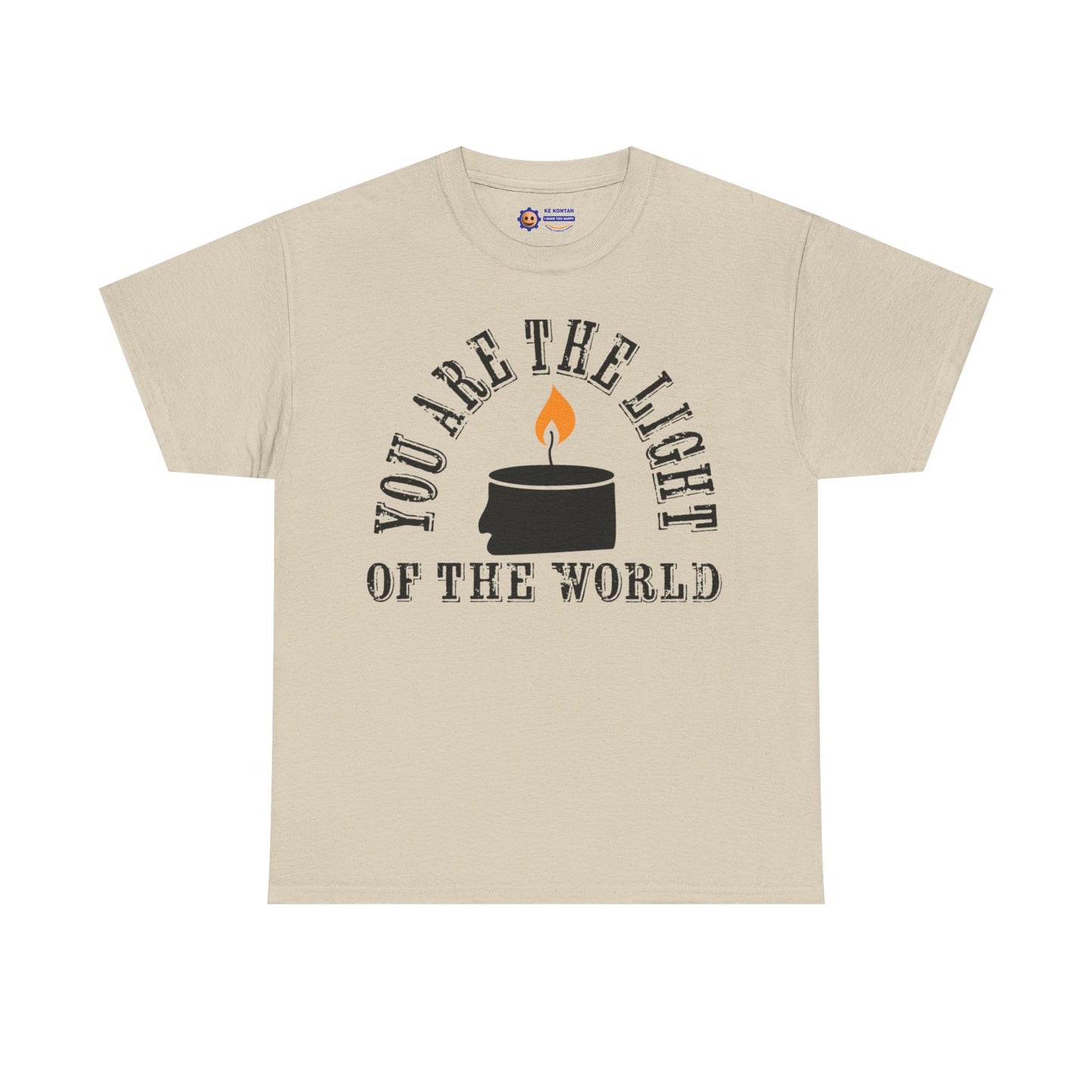 Beige t-shirt with a graphic and text 'You are the light of the world' on a white background
