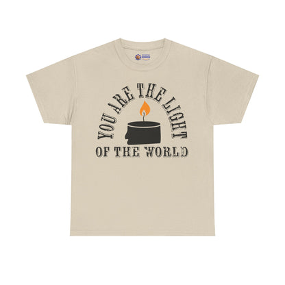 Beige t-shirt with a graphic and text 'You are the light of the world' on a white background