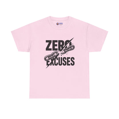 Pink t-shirt with 'Zero Excuses' text and chain graphic on a white background