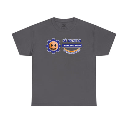 Gray t-shirt with a smiley face and text design on a white background