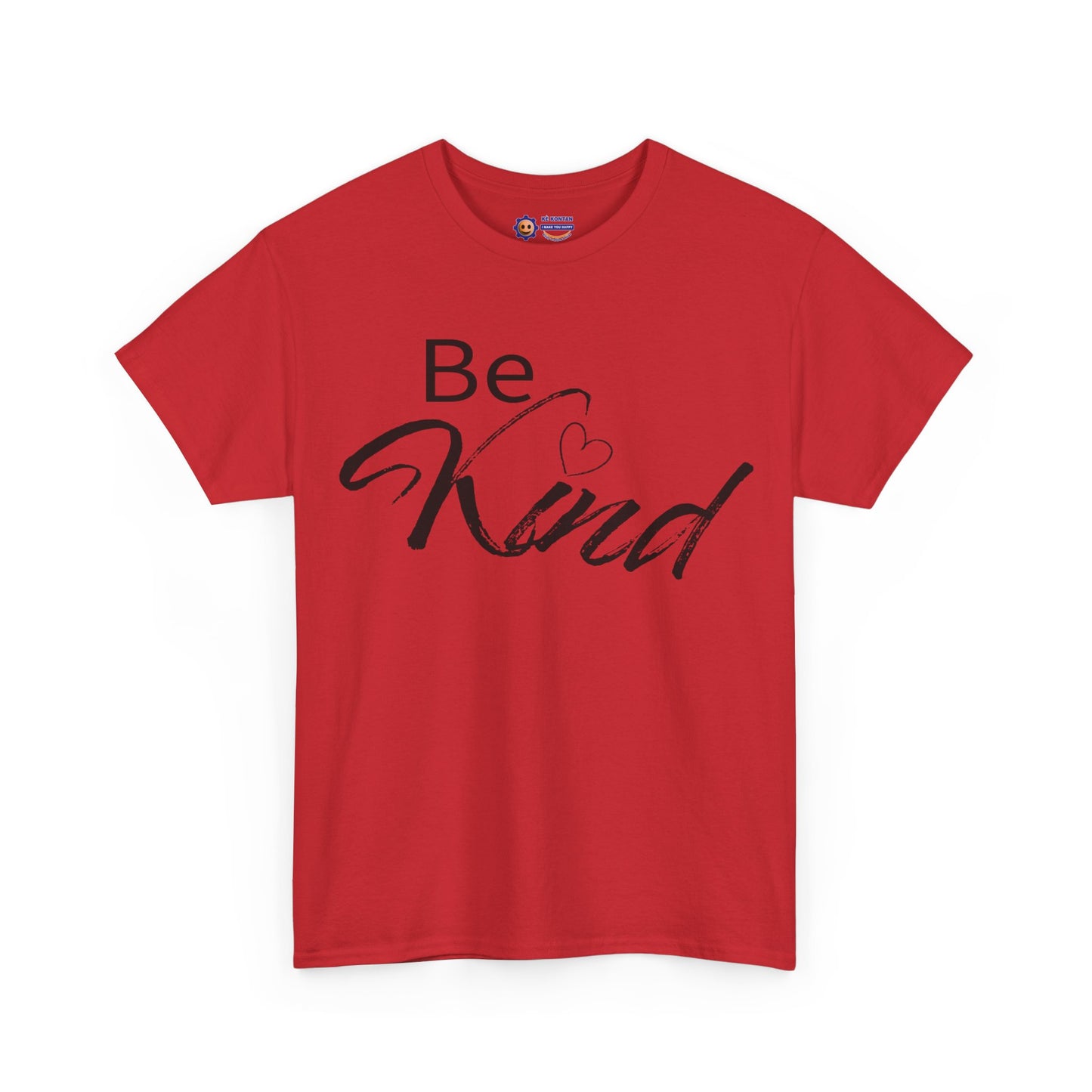 Red t-shirt with 'Be Kind' text on a white background