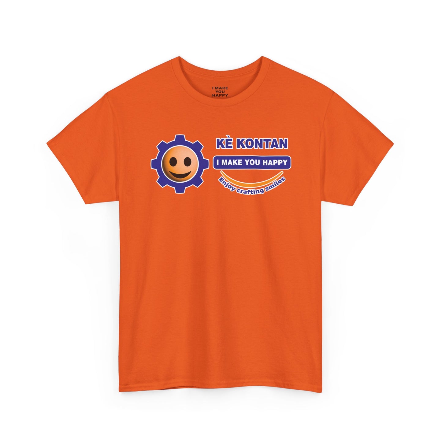 Orange t-shirt with a smiley face and text on a white background