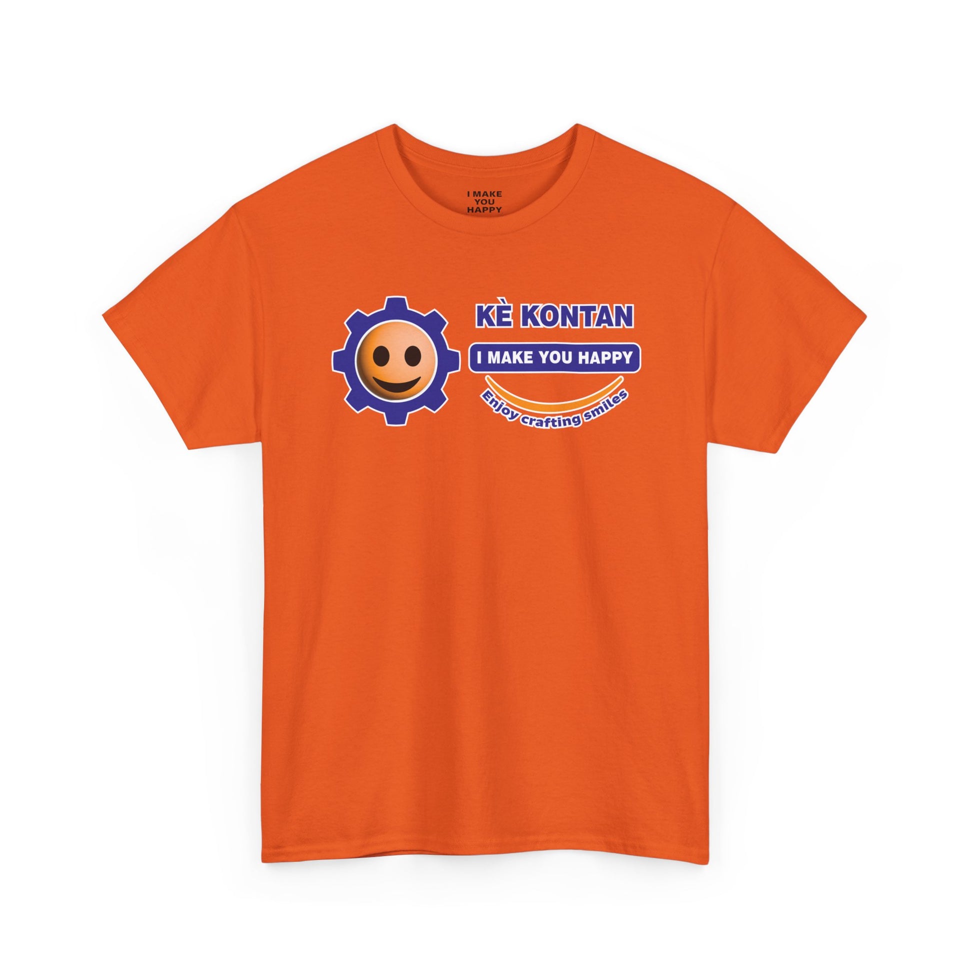 Orange t-shirt with a smiley face and text on a white background
