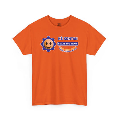 Orange t-shirt with a smiley face and text on a white background