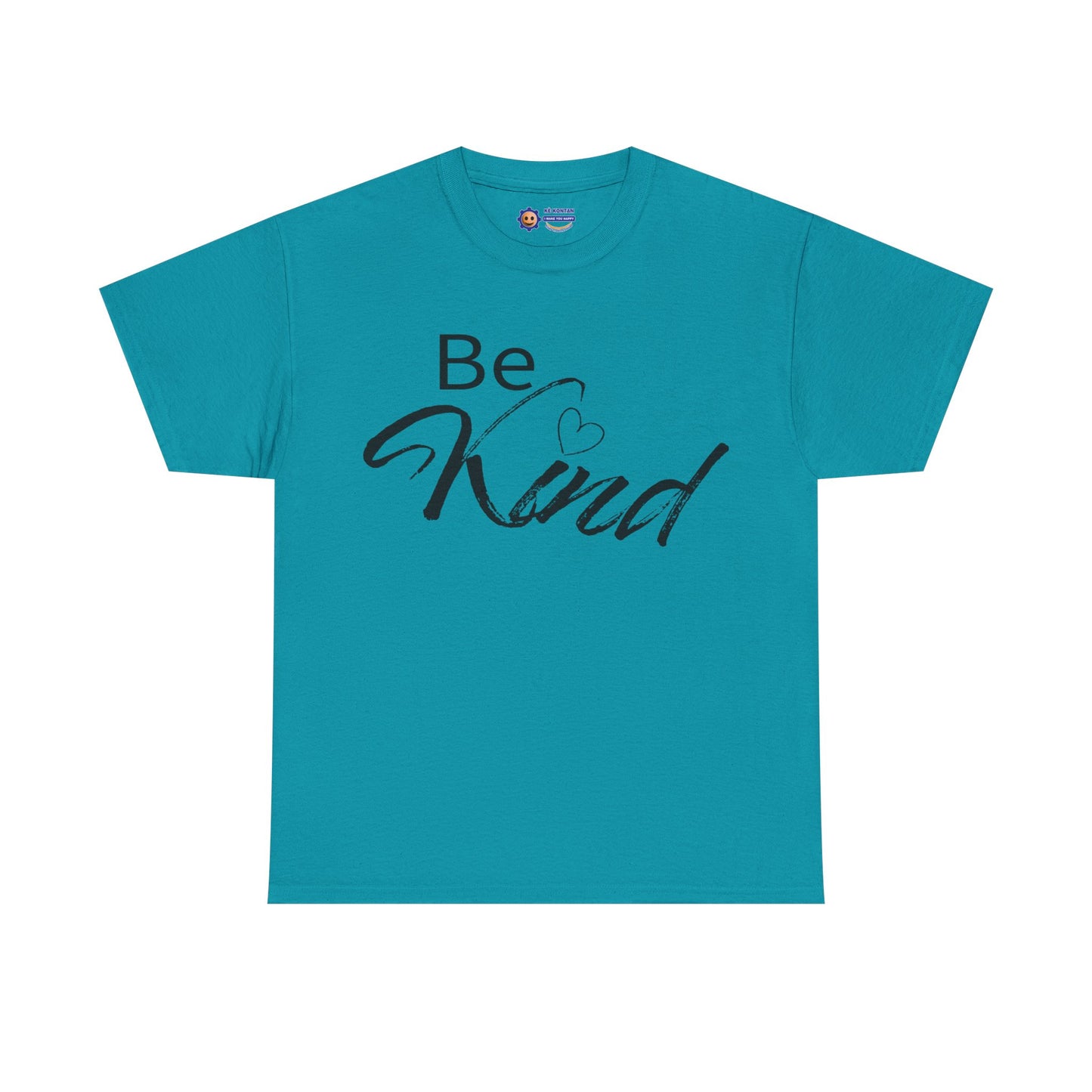 Blue t-shirt with 'Be Kind' text on a white background