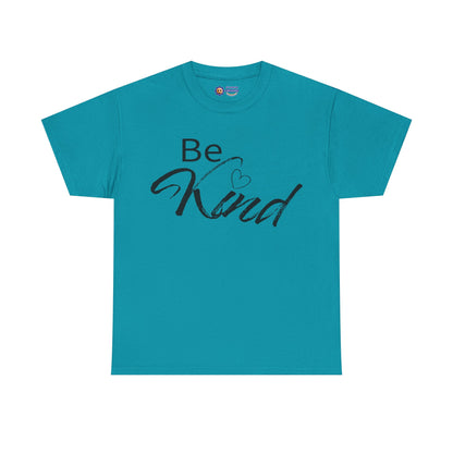 Blue t-shirt with 'Be Kind' text on a white background