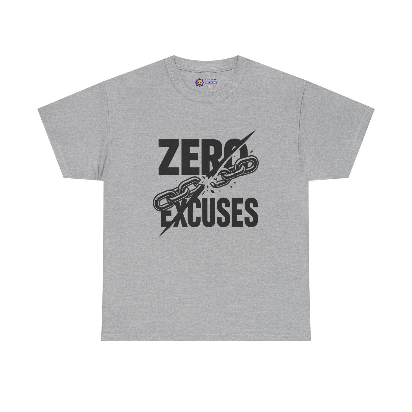 Gray t-shirt with 'Zero Excuses' graphic design on a white background
