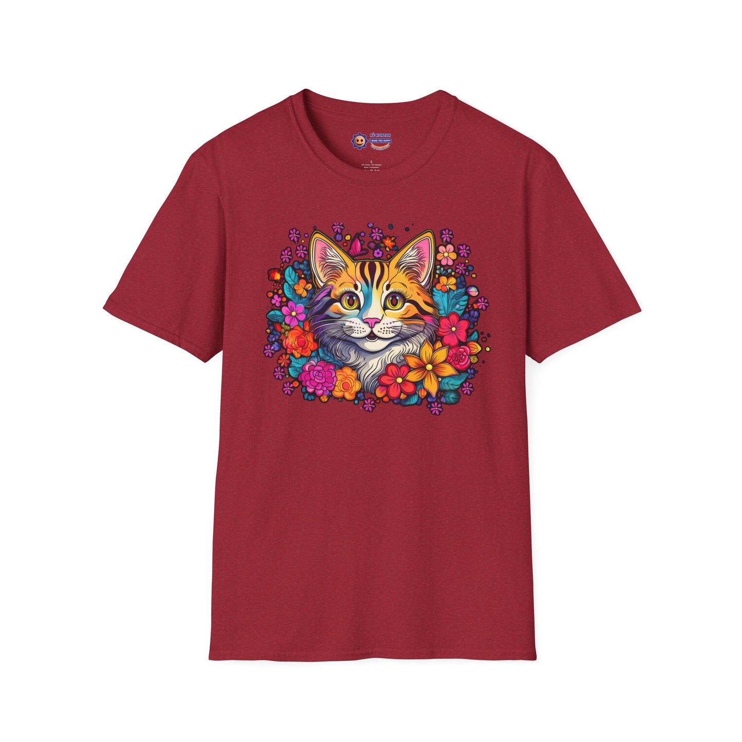 Red "Happy Cat in Flowers design on white unisex softstyle t-shirt"