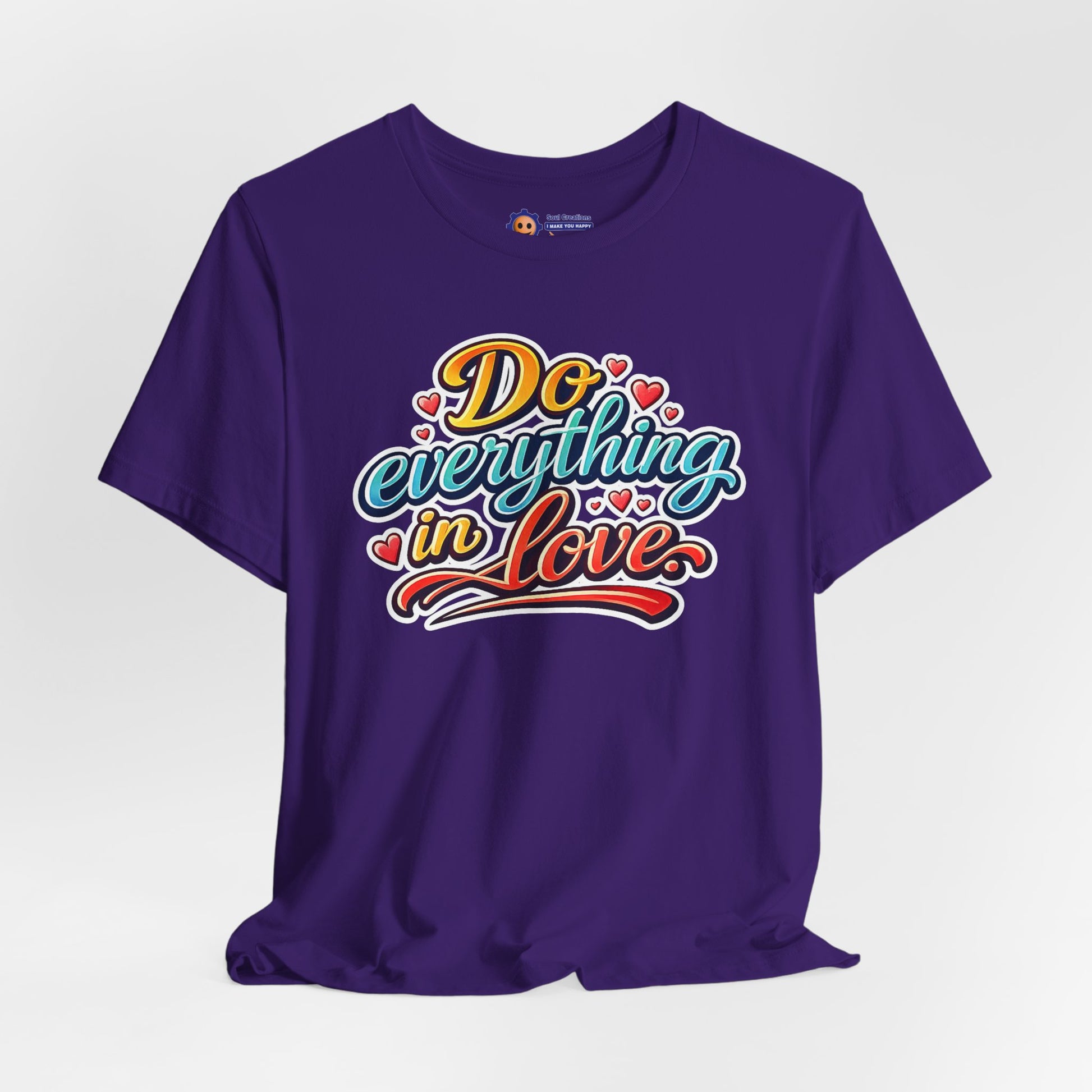 Purple t-shirt with 'Do everything in Love' text on a white background