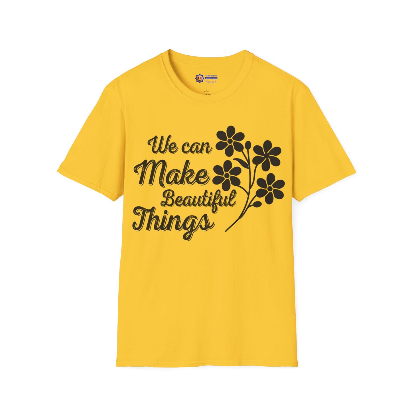 Yellow t-shirt with black text and floral design on a white background