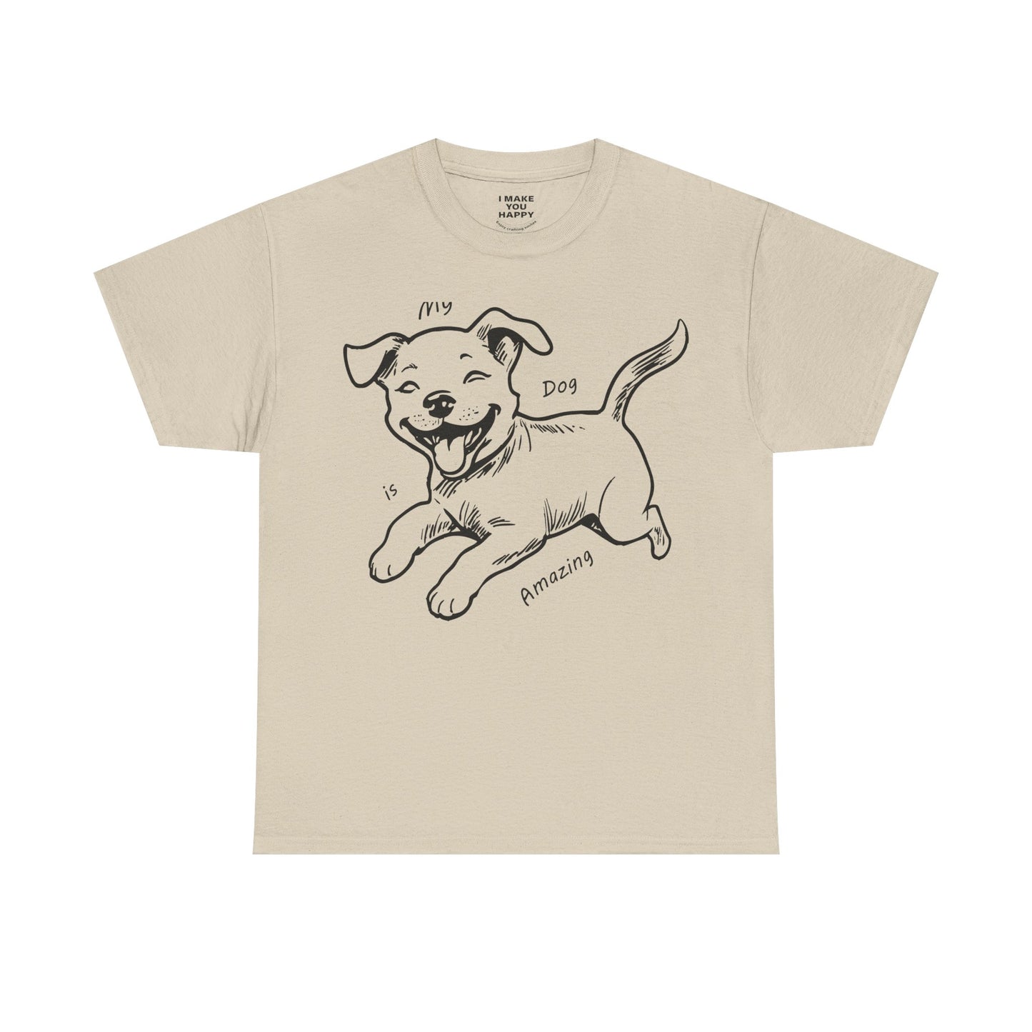 Beige t-shirt with a black dog illustration and text on a white background