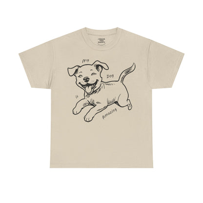 Beige t-shirt with a black dog illustration and text on a white background