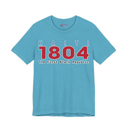 Blue t-shirt with 'Haiti 1804 The First Black Republic' text on a white background