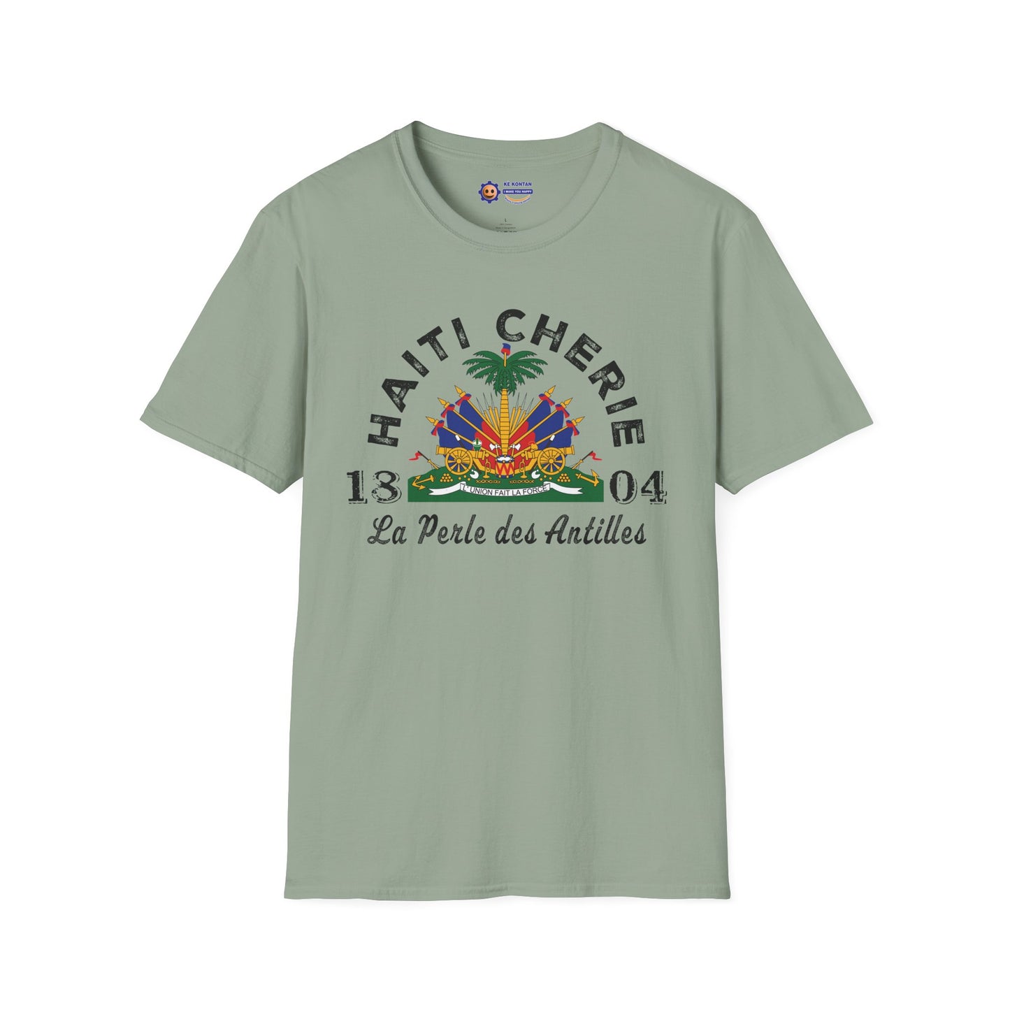 Green t-shirt with 'Haçti Chérie' design on a white background