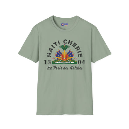 Green t-shirt with 'Haçti Chérie' design on a white background